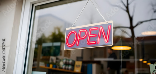 White Open Sign Hanging at Shop Entrance with Blurred Customers Inside Created with Generative AI