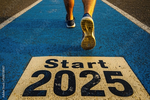 A runner on the starting line of an outdoor track, with 