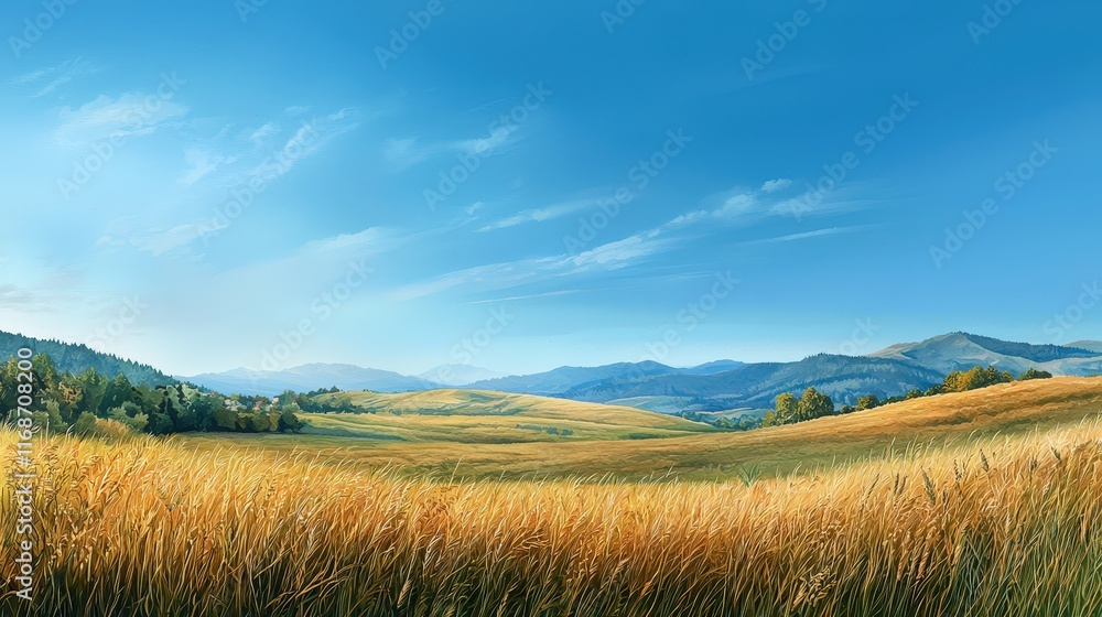 Obraz premium Rolling hills covered in golden grass under a clear summer sky
