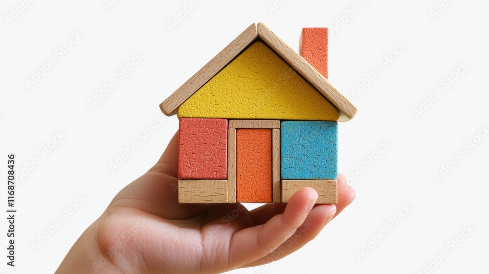 Naklejka premium A child holding a block and building a house with blocks.
