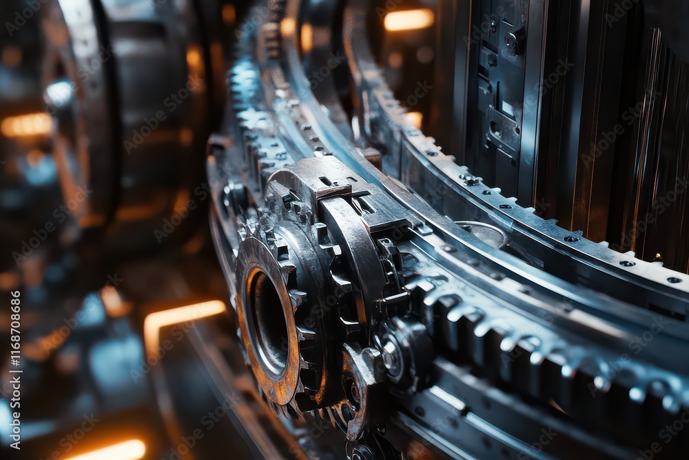 Fototapeta premium Intricate Cogs and Belts in Motion Inside a Factory