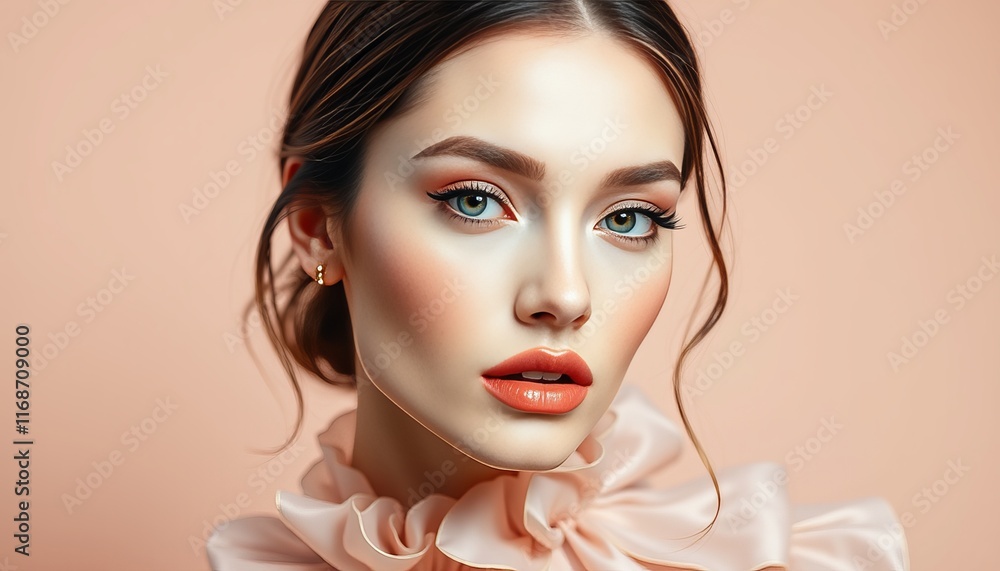 Fototapeta premium Beauty salon shot of a stylish girl with soft glowing skin, radiant lip color, and artistic eye shadow