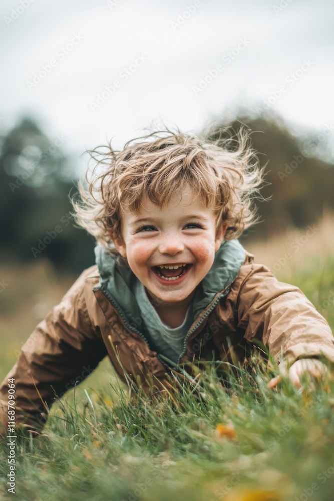 Happy child playing in grass during a cloudy day in a natural setting
