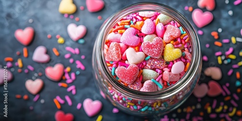 Candy jar filled with colorful valentines candies and sprinkles. photo