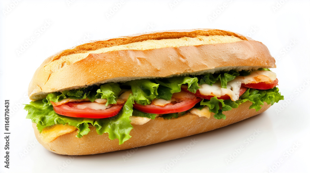 Golden baguette sandwich with crisp lettuce, sliced tomatoes, and melted cheese isolated on white Golden baguette sandwich with crisp lettuce, sliced tomatoes, and melted cheese isolated on white