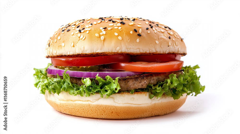 Classic burger with a sesame seed bun filled with fresh lettuce, tomato slices, red onion rings, and a juicy meat on white background Classic burger with a sesame seed bun filled with fresh lettuce, tomato slices, red onion rings, and a juicy meat on white background
