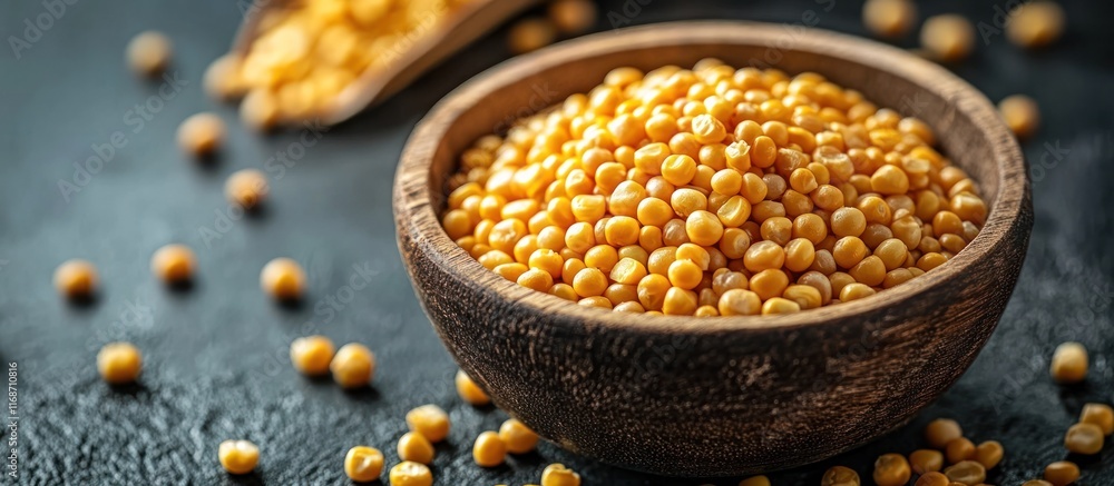 Pile of golden yellow lentils in a rustic wooden bowl a nutritious and versatile legume superfood ingredient for healthy vegetarian or vegan cooking and meal Pile of golden yellow lentils in a rustic wooden bowl a nutritious and versatile legume superfood ingredient for healthy vegetarian or vegan cooking and meal