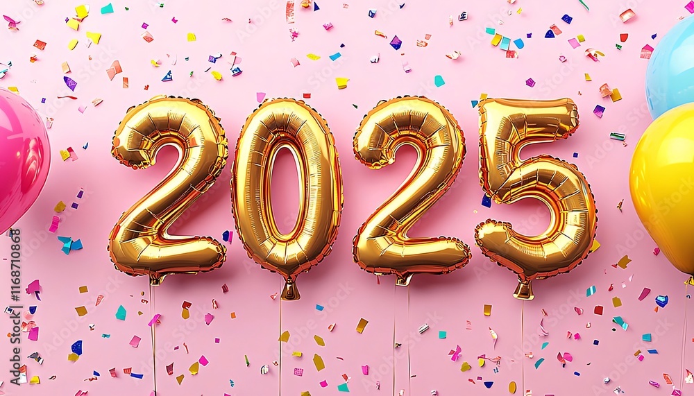 Gold 2025 balloons on pink background with confetti. Gold 2025 balloons on pink background with confetti.