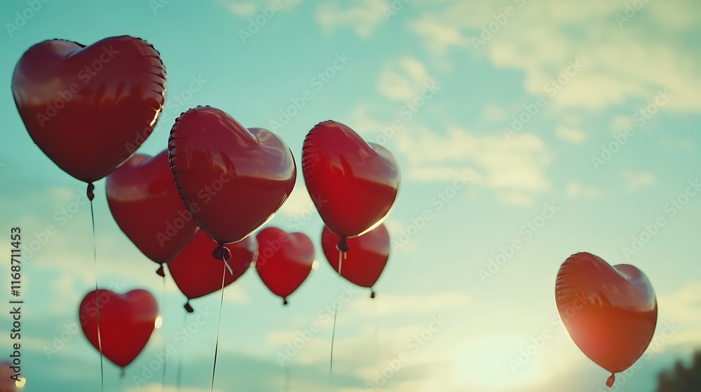 Red heart balloons floating in the sky at sunset Red heart balloons floating in the sky at sunset