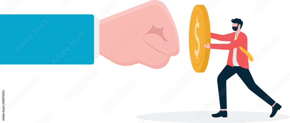 Business man hold the coin shield to cover the big hand punch metaphor of business protection.
Business man hold the coin shield to cover the big hand punch metaphor of business protection.