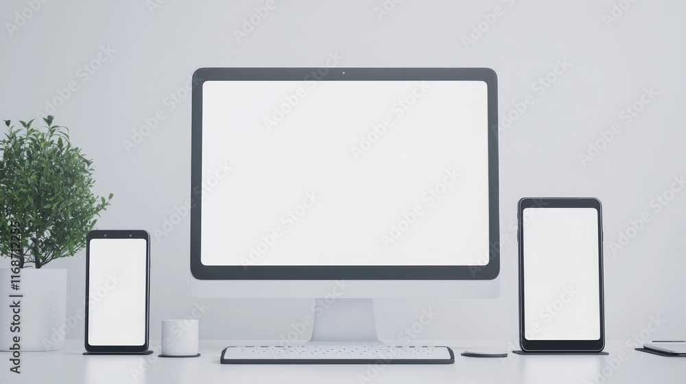 Ergonomic Phone and Tablet Stands Aligned with Computer Monitor for Consistent Eye Levels - Cinematic and Ultra-Detailed Concept Image Ergonomic Phone and Tablet Stands Aligned with Computer Monitor for Consistent Eye Levels - Cinematic and Ultra-Detailed Concept Image