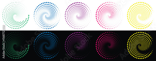 Dot gradient round spiral frame. Halftone effect vortex circle icon with dotted pattern. Half tone abstract circle border. Colorful Spirograph pattern on black background. Multicolor spiral vortex set