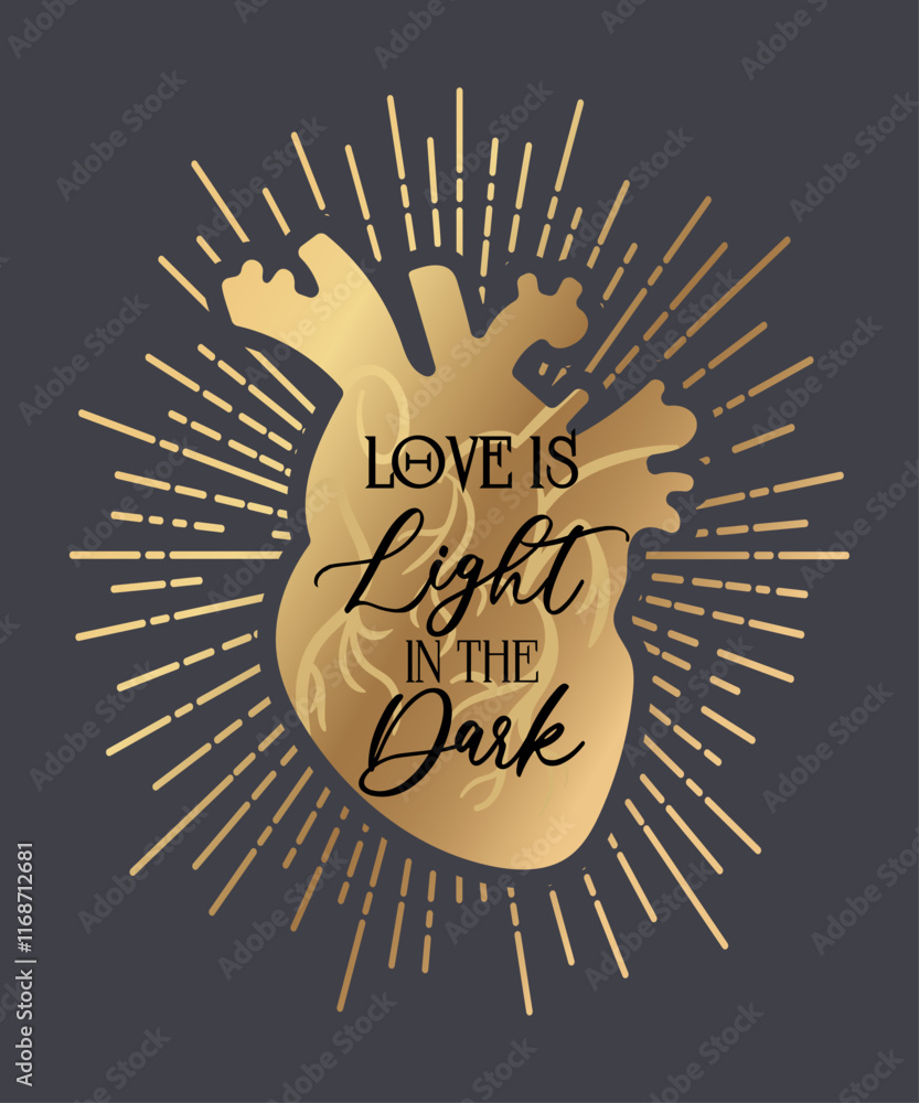 Fototapeta premium Love is the light in the darkness. An image of a shining, anatomically accurate golden heart, symbolizing the warmth and sparkle that love brings to our lives.
