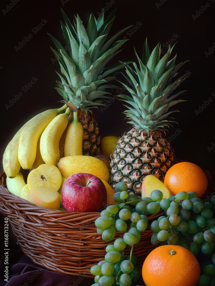 Fresh and Vibrant Assortment of Fruits in a Beautiful Basket with Pineapples, Bananas, Apples, Oranges, Grapes, and Exotic Flavors for a Healthy Lifestyle Fresh and Vibrant Assortment of Fruits in a Beautiful Basket with Pineapples, Bananas, Apples, Oranges, Grapes, and Exotic Flavors for a Healthy Lifestyle