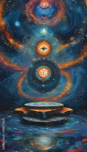 Great Night of Lord Shiva Podium, Empty product display podium, Cosmic meditation, cosmic patterns of stars and galaxies, Shiva's cosmic dance, third eye and the Om symbol, Hinduism, ad