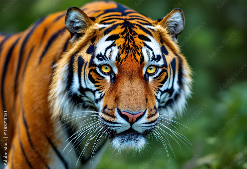 Fototapeta premium A close-up portrait of a Siberian tiger with striking orange and black striped fur, piercing yellow eyes, and a powerful expression against a blurred green natural background