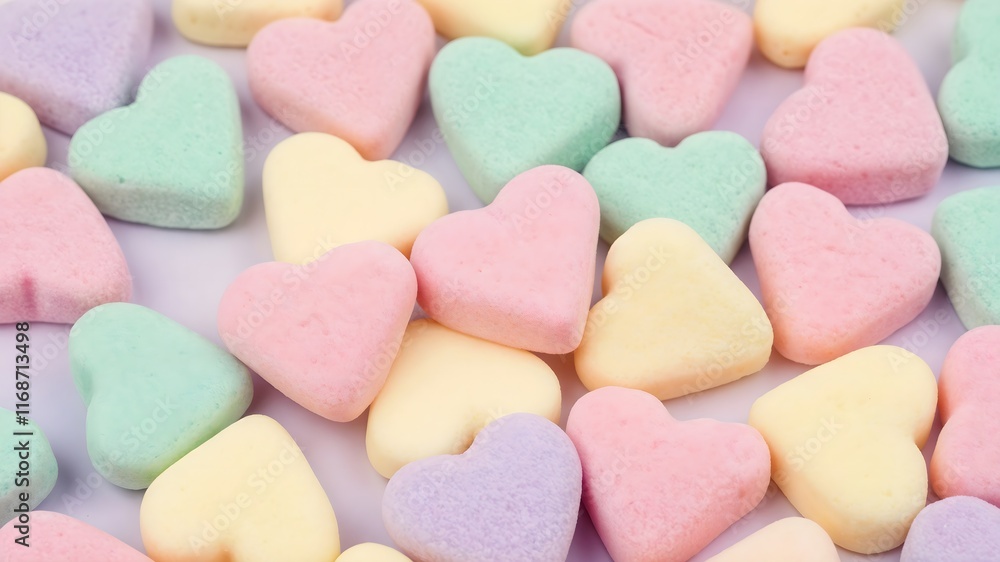 Romantic pastel hearts with a soft, fluffy texture in shades of pink, blue and yellow - arranged closely on a clean surface, symbolizing love and happiness Romantic pastel hearts with a soft, fluffy texture in shades of pink, blue and yellow - arranged closely on a clean surface, symbolizing love and happiness
