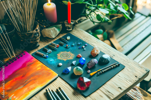 Vibrant chakra tools and spiritual healing objects beautifully arranged on a natural wood table in a serene, minimalist setting photo