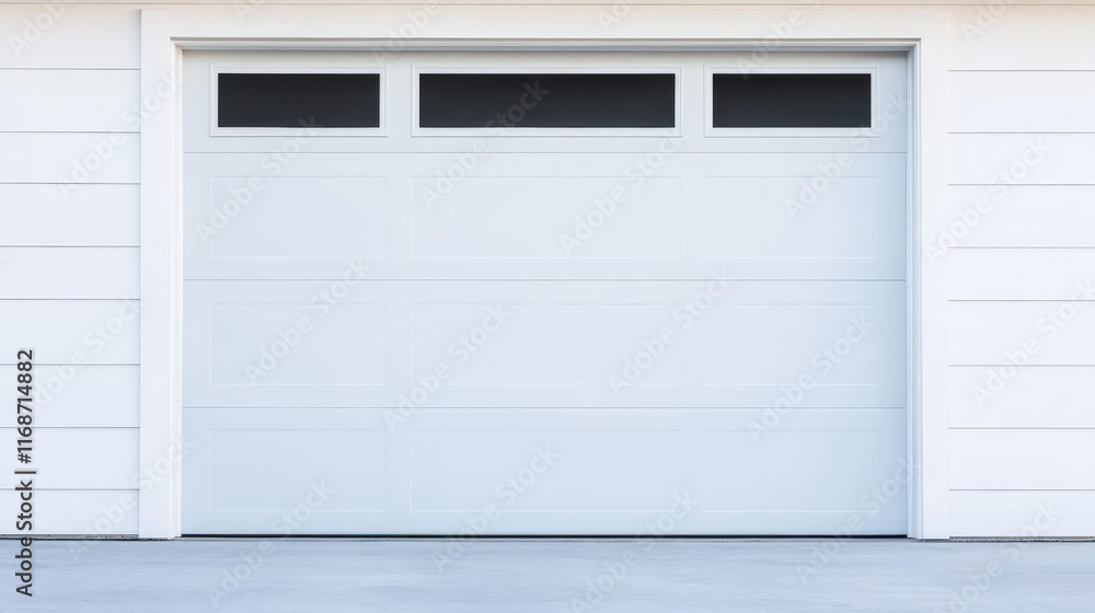 Modern White Garage Door with Sleek Rectangular Windows, Clean Architectural Design, Contemporary Home Exterior