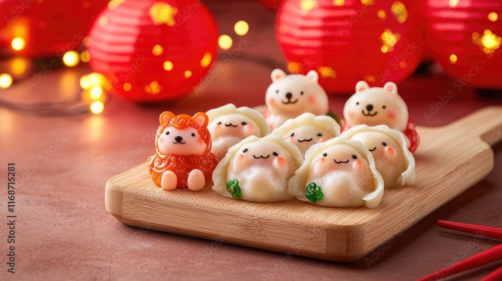 Dumplings shaped like zodiac animals, placed on a wooden platter, red lantern background, festive and whimsical Chinese New Year theme Dumplings shaped like zodiac animals, placed on a wooden platter, red lantern background, festive and whimsical Chinese New Year theme