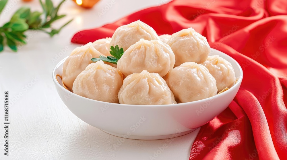 Minimalist dumplings in a white bowl with gold accents, red silk cloth underneath, elegant take on Chinese New Year visuals Minimalist dumplings in a white bowl with gold accents, red silk cloth underneath, elegant take on Chinese New Year visuals