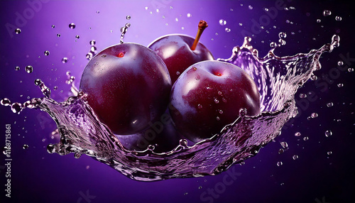 Deep purple plums on a rich lavender background with subtle reflections