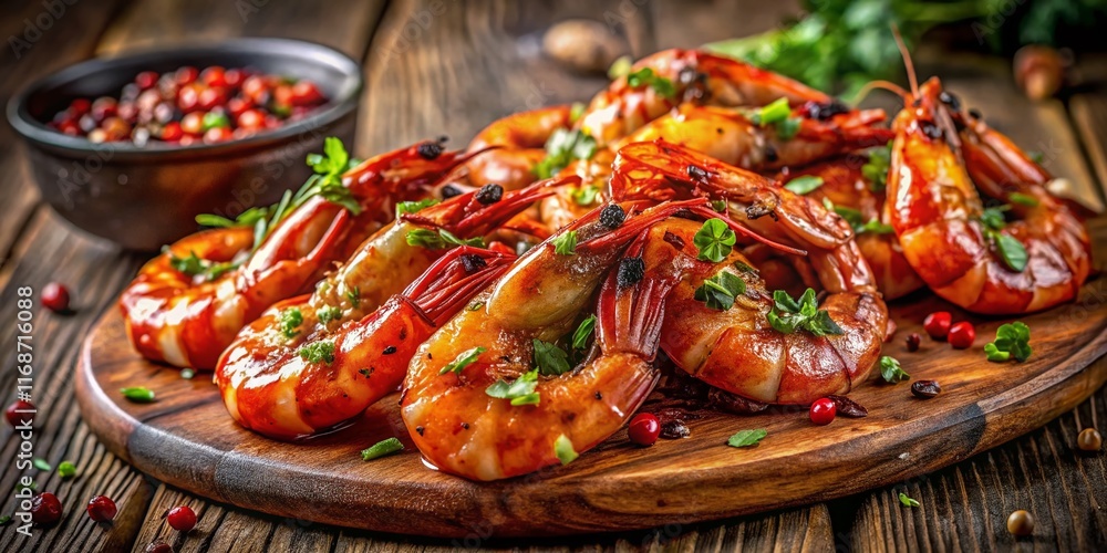 Delicious Grilled Shrimp with Spicy Sauce, Close-up Shot Delicious Grilled Shrimp with Spicy Sauce, Close-up Shot