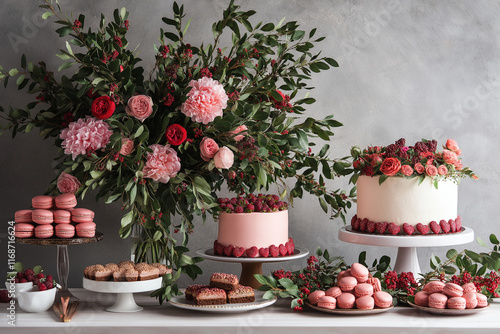 Elegante Tortendekoration mit Blumen und Desserts für besondere Anlässe

 photo