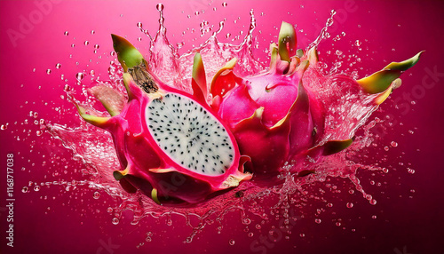 A pink background with halved dragon fruits showing their speckled interiors, surrounded by abstract splashes