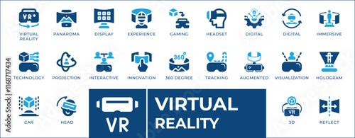 VR icon set. Explore the metaverse with the icons for virtual reality, augmented reality, metaverse, 3D, gaming, holograms, and more. Perfect for tech, design, and VR projects.