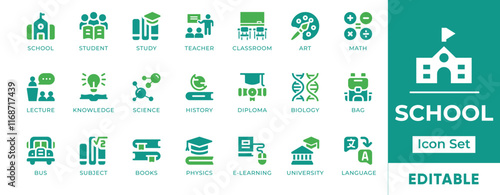 School Icon Set. Features editable icons for school symbols, education, learning, e-learning, university, language, and more. Perfect for educational websites, schools, and educational institutions.