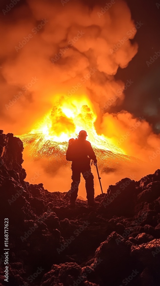 Volcanologist observing an active eruption at night in a volcanic landscape mobile phone wallpaper