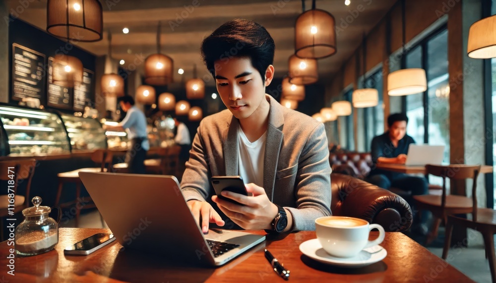 A modern café scene with a person using a smartphone and coffee nearby. Generated with AI.