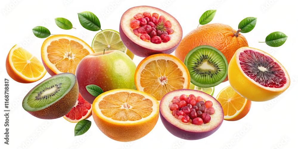A vibrant collection of various fruits, including apples, oranges, kiwis, and pomegranates, showcases their bright colors and fresh appeal. This arrangement emphasizes healthy eating A vibrant collection of various fruits, including apples, oranges, kiwis, and pomegranates, showcases their bright colors and fresh appeal. This arrangement emphasizes healthy eating