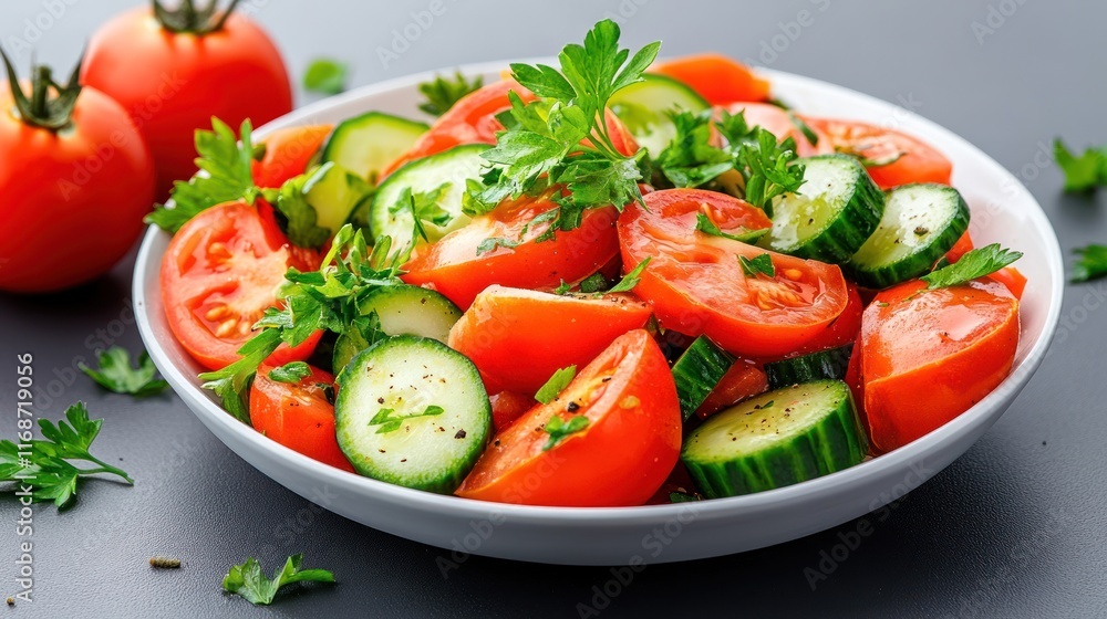 Fresh salad with tomatoes, cucumbers, and parsley in a bowl. Fresh salad with tomatoes, cucumbers, and parsley in a bowl.