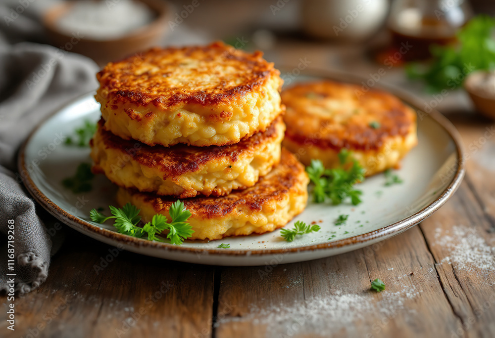 A photo of a plate of fried potato patties with a ground beef filling A photo of a plate of fried potato patties with a ground beef filling