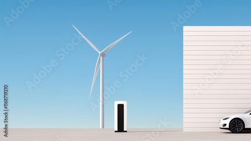 Electric Vehicle Charger Market concept. Modern electric car charging near a wind turbine and minimalist building. photo