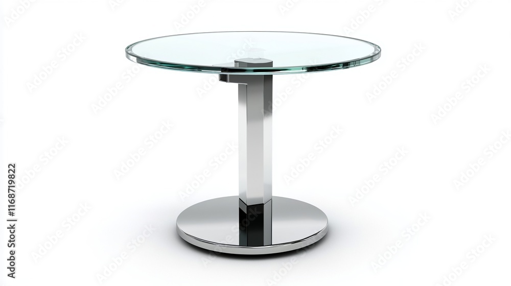 Minimalistic glass side table with a chrome base isolated on white for modern rooms Minimalistic glass side table with a chrome base isolated on white for modern rooms