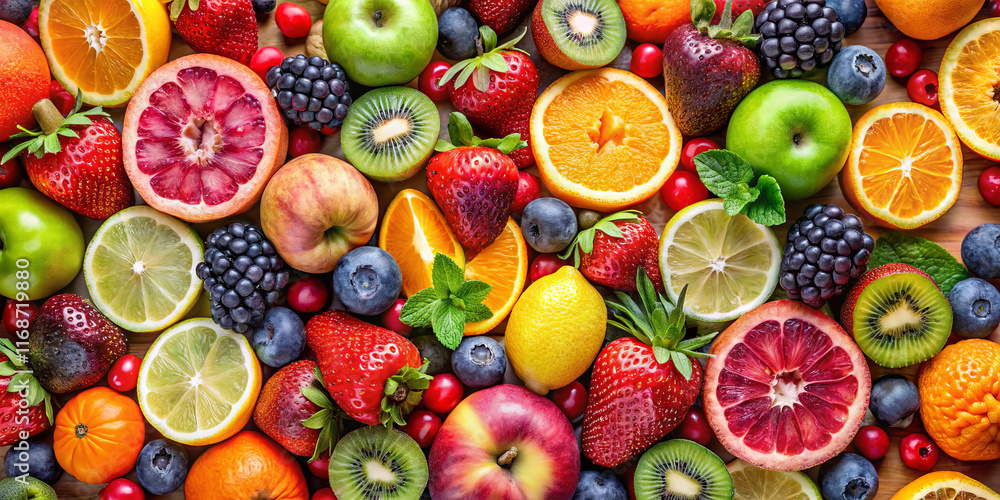 A variety of fresh fruits, including citrus, berries, and apples, are artistically arranged on a wooden table. The colorful display emphasizes healthy eating and natural beauty A variety of fresh fruits, including citrus, berries, and apples, are artistically arranged on a wooden table. The colorful display emphasizes healthy eating and natural beauty