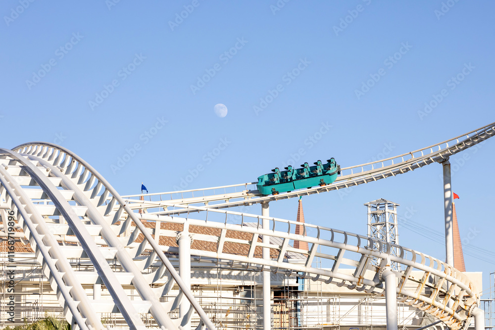 Roller coaster rails at a theme park, no people. Roller coaster rails at a theme park, no people.