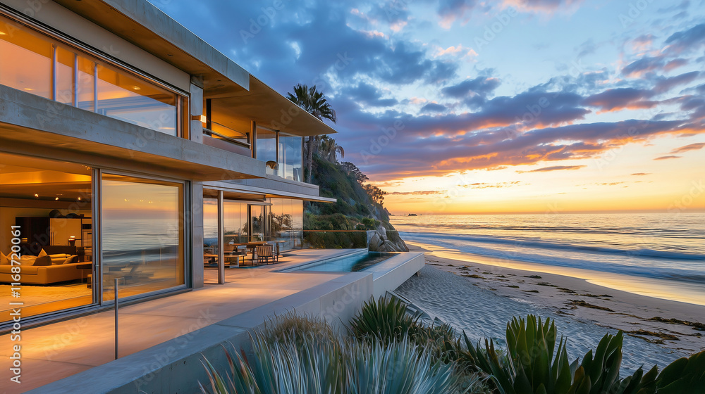 Oceanfront Luxury Villa at Vibrant Sunset in California Oceanfront Luxury Villa at Vibrant Sunset in California