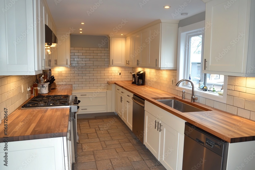Renovated Kitchen with Butcher Block Countertops and White Cabinets Renovated Kitchen with Butcher Block Countertops and White Cabinets