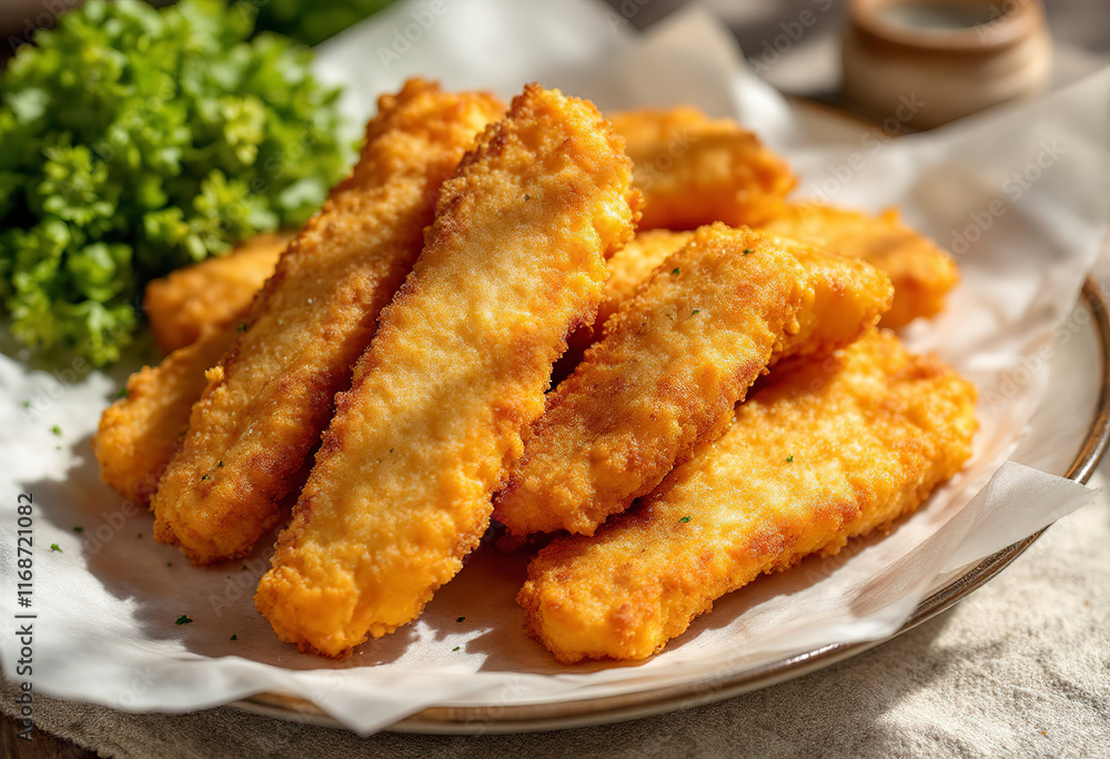 a plate of golden-brown, breaded fish sticks a plate of golden-brown, breaded fish sticks