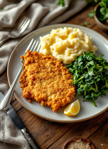 A plate with a breaded and fried chicken cutlet, mashed potatoes, and sautéed greens