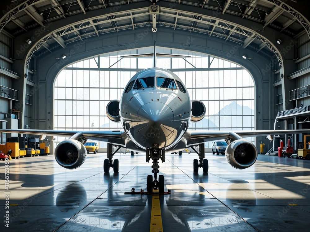 Modern Airplane in Hangar Front View Commercial Jet Aviation Industry Transportation Modern Airplane in Hangar Front View Commercial Jet Aviation Industry Transportation