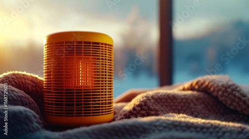 Broken Space Heater on a Cozy Blanket in Winter Atmosphere. Generative AI photo