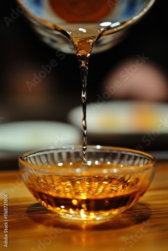 Close-up of whiskey being poured into a glass bowl, highlighting the rich amber color and smooth flow. photo