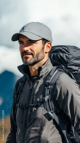 Wallpaper Mural Man in outdoor gear with backpack, smiling against a mountainous backdrop, symbolizing adventure and exploration. Torontodigital.ca
