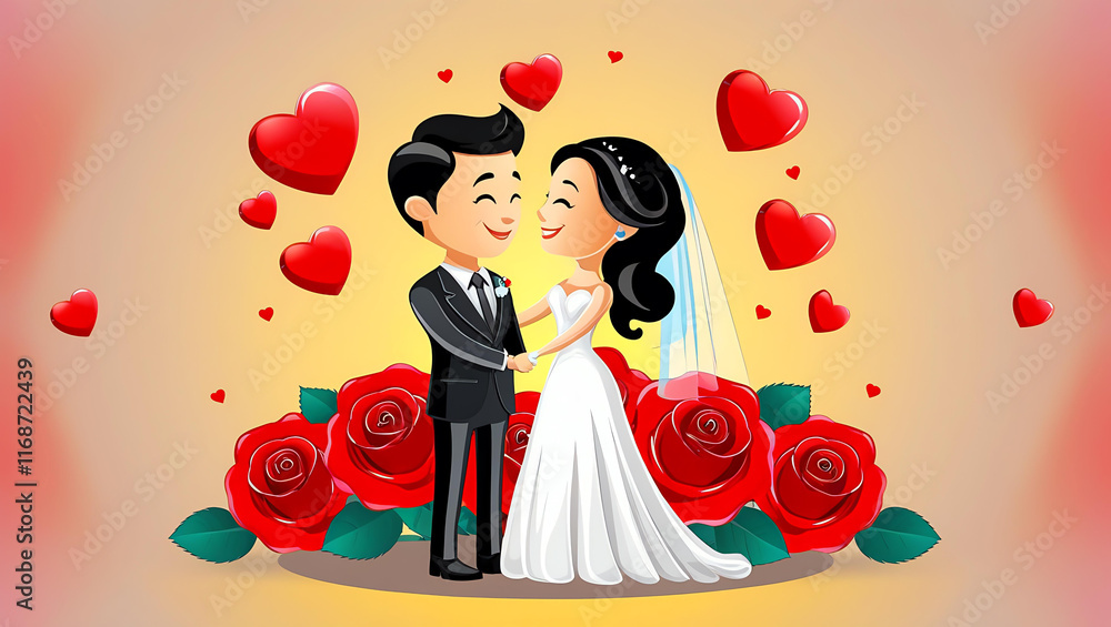 A romantic vector illustration of a bride and groom in a cartoonish 3D style, standing in an affectionate pose A romantic vector illustration of a bride and groom in a cartoonish 3D style, standing in an affectionate pose