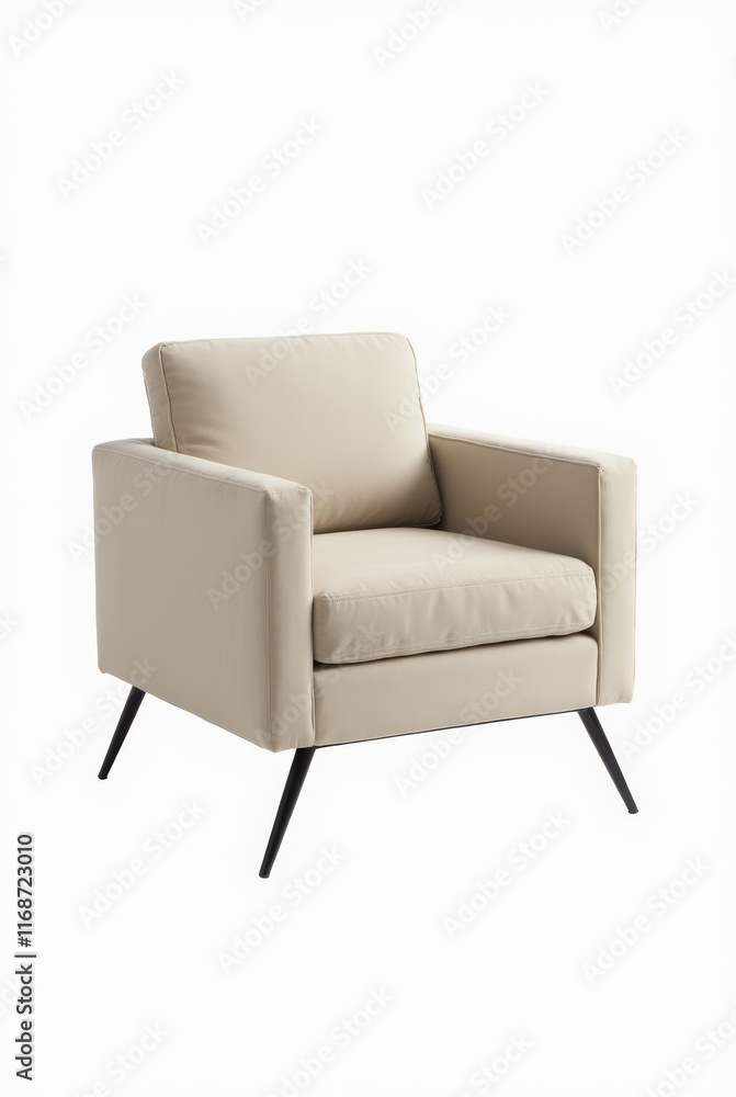 A Clean-Lined Armchair with a Boxy Frame and Low Backrest Upholstered in a Neutral Beige Fabric A Clean-Lined Armchair with a Boxy Frame and Low Backrest Upholstered in a Neutral Beige Fabric